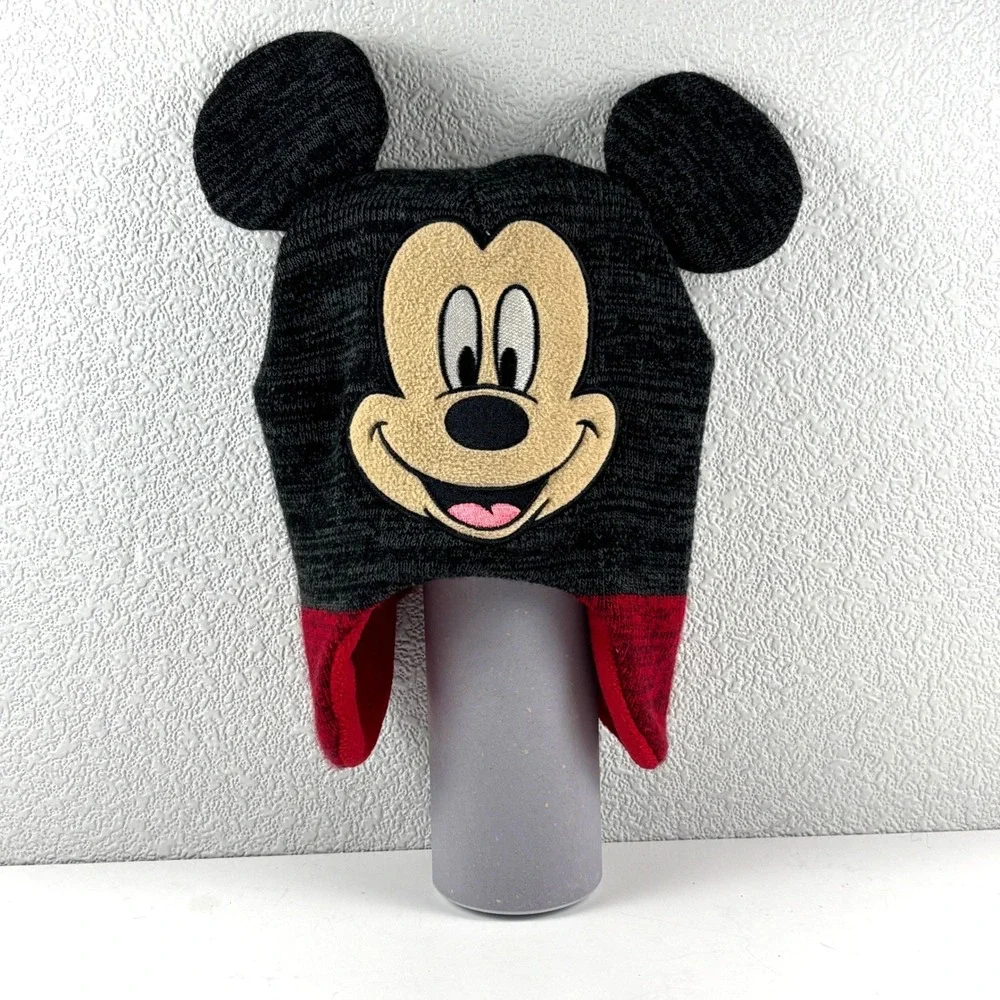 Disney Mickey‎ Mouse Beanie Kids 2T-5T Black Red Trapper Hat with Ears